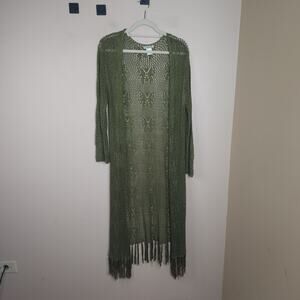 Vivid Importers Crochet Open Front Long Length Cardigan in Green Size 2X